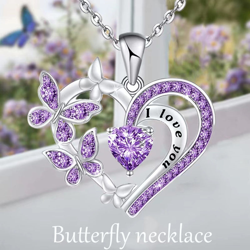 Rhinestone Butterfly on an I Love You Heart Necklace