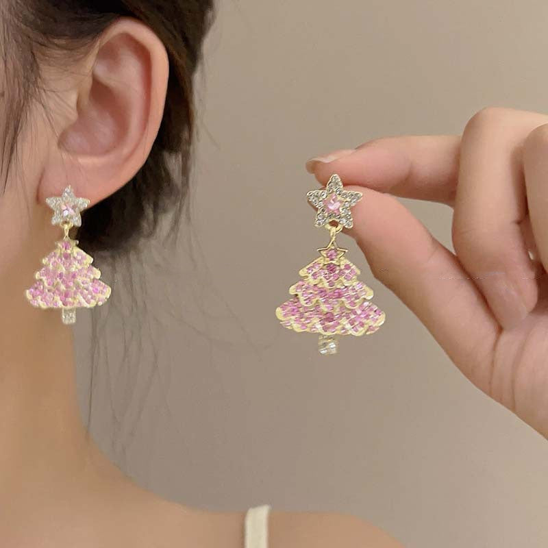 New Design Sweet Christmas Tree Earrings For Women Light Luxury Sparkling Zircon Dangle Earring Xmas Holiday Party Jewelry